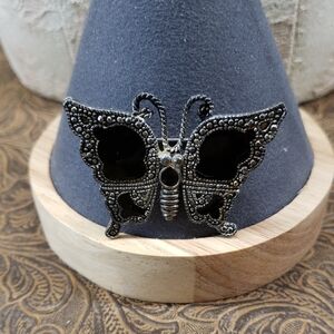 Vintage Marcasite Silver Black Butterfly Scalloped Edge Brooch Pin